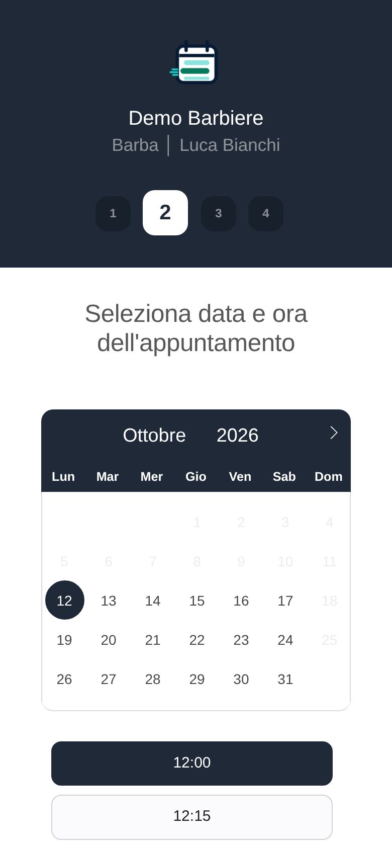 Pagina di prenotazione della demo barbiere