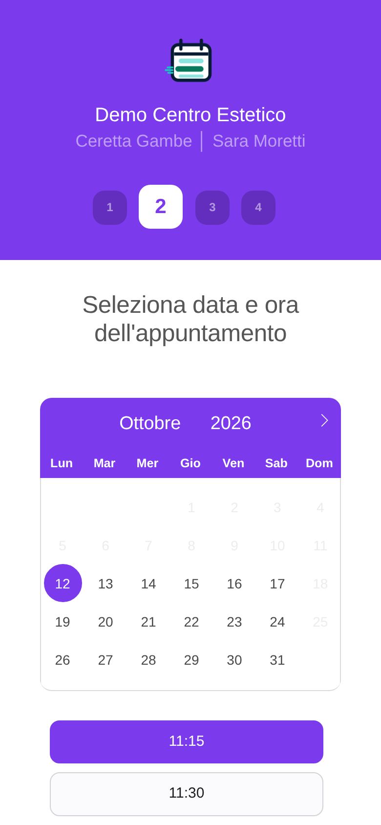 Pagina di prenotazione della demo centro estetico