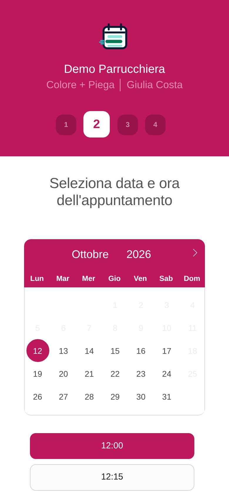 Pagina di prenotazione della demo parrucchiera: calendario di ottobre e orari disponibili